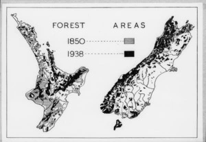 Maps showing forest areas in New Zealand in 1850 and 1938
