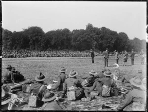 Prime Minister William Massey addressing the New Zealand Rifle Brigade, Bois-de-Warnimont, France