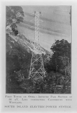 First power pylon on the Otira-Arthur's Pass section of 66 kV line connecting Canterbury with Westland