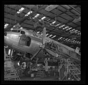 Maintenance on National Airways Corporation (NAC) DC-3 aircraft, Christchurch, Canterbury