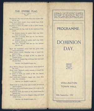 Dominion Day. Wellington Town Hall, 26th September 1907. Programme. [Cover of silk programme].