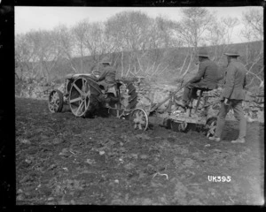 Tractor ploughing at a World War I New Zealand camp, England