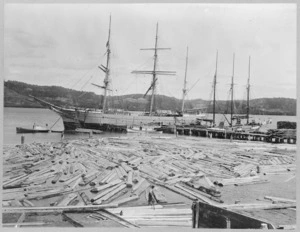 The barque Ashmore and the scow Korora and a boom, at Kohukohu, Hokianga