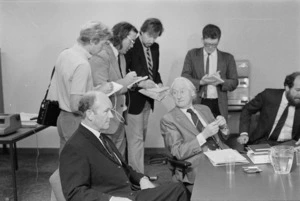 At the inquiry into the sinking of the Russian cruise ship Mikhail Lermontov; includes Marlborough Harbour Board pilot Captain Don Jamison and his counsel Mr Alister Macalister - Photograph taken by Ian Mackley