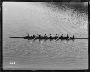 A rowing eight at rest during the Royal Henley Peace Regatta, England