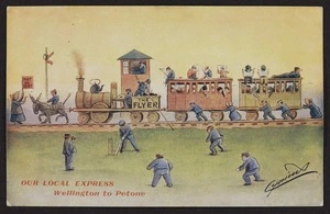 "Cynicus": Our local express; Wellington to Petone. Copyright of The Cynicus Publishing Co., Ltd., Tayport, Fife [Postcard. ca 1910].