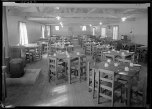 Dining room in a camp for British immigrants, Dunedin - Photograph taken by K V Bigwood