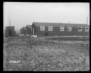 Rear view of the barracks at a New Zealand military camp in England, World War I