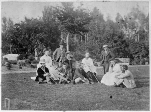 Group on the croquet lawn at The Grange, Clive, near Napier, Hawke's Bay