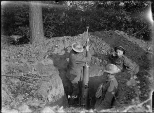 New Zealand soldiers preparing a 6 inch trench mortar near Le Quesnoy, France, during World War I