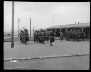 Bugler and guard at a World War I New Zealand army camp, England