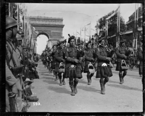 Mixed Highland Regiments Pipe Band in the Victory Parade, Paris, 1919