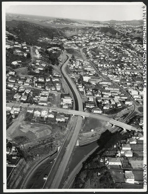 Aerial view of the suburb of Johnsonville, Wellington region, including showing the newly built State Highway 1 by-pass