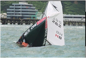 Andrew and Scott Estcourt sailing in National Javelin Championships on Wellington Harbour