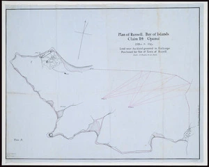 [Creator unknown] :Plan of Russell, Bay of Islands [ms map]; claim 114 Opanui 229ac 1r 04p land near Auckland granted in exchange purchased for site of Town of Russell. [1832]. Copied from original plan in 1934