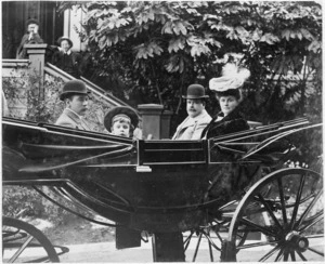 Sir Joseph and Lady Ward, with their son Awarua, and another, in a coach outside Premier House, Tinakori Road, Wellington