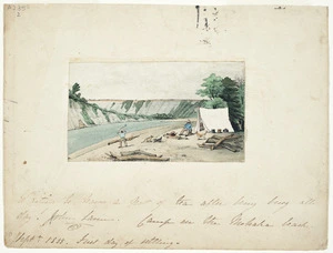 [Cooper, Alfred John] 1831-1869 :Camp on the Mohaka beach. Septr. 1855. First day of settling.