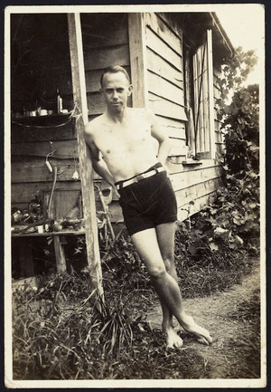 Frank Sargeson in swimming trunks