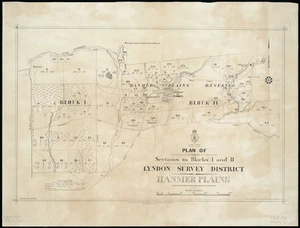 Plan of sections in blocks I and II, Lyndon Survey District, Hanmer Plains / surveyed by F.S. Smith ... Sept. 1892, D.I. Barron, Sept. 1892, J.D. Thomson ... June 1897.