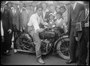 Boy on an Indian motorcycle, Otaki, Kapiti Coast, Wellington region
