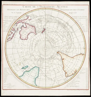 Carte de l'hemisphere austral montrant les routes des navigateurs les plus célebres par le capitaine Jacques Cook / Benard direxit.