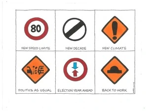 The New Decade: Road signs for New speed limits, New decade, New climate, Politics as usual, Election year ahead, and Back to work
