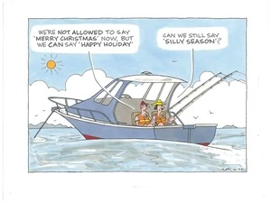 Happy Holidays: Couple on a fishing boat talk about acceptable Christmas greetings - Merry Christmas or Silly Season