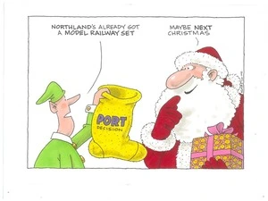 Moving Port of Auckland north: Father Christmas says "maybe next year" to an elf with a Xmas sock titled "Port decision"