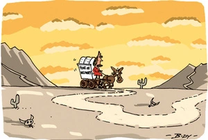 Jacinda Ardern drives a 'Year of Delivery' pioneer horse and cart over a desert road against an orange sky