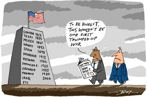 Man reading newspaper headline "USA Today Iran 2020?" comments to another man "..this wouldn’t' be our first Trumped-up war" as they walk past an American flag flying above a memorial listing countries which United States has invaded since 1812.