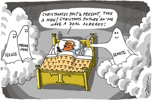 Sleaze' and 'Impeachment', the ghosts of Christmases Past and Present, try to haunt Donald Trump in bed as he hi-fives the 'Senate' ghost of Christmas Future over their deal
