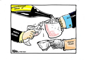 As the wine bottle of 'Infrastructure Spend up' pours into the 'Auckland' beer mug, some liquid goes to 'North Island' wine glass, but only a drop goes to the 'South Island' teacup