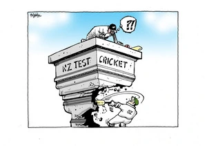 A Black Caps player looks over the edge of the 'NZ Test Cricket' memorial as an 'Oz' cricketer demolishes the pillar with his bat