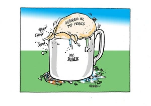 A 'Retired NZ MP Perks' pig is head down eating in the 'NZ Public' big mug.