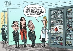 A climate change scientist asks James Shaw, Jacinda Ardern, and Winston Peters if they would like "change" on the 'Climate Change Modelling' machine to be "hopey, transformative, or disastrous".