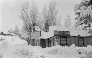 Snow at F J C Ward's general store, St Bathans, Central Otago - Photograph taken by F M Pyle