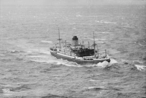 Aerial view of the fire damaged ship Gothic, Cape Palliser area, South Wairarapa