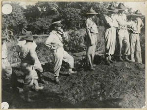 Major-general H E Barrowclough, General Officer Commanding, watching New Zealanders on an exercise in the Pacific, during World War II