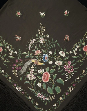 Artist unknown :[Embroidered Chinese silk shawl belonging to Katherine Mansfield. Made ca 1900. Detail of bird and flowers in corner]