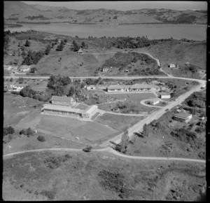 Aerial view of schools at Rawene, Hokianga Harbour