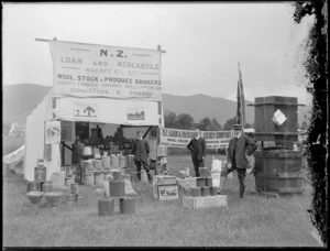 New Zealand Loan and Mercantile Agency stand at an Agricultural and Pastoral show, probably Nelson district