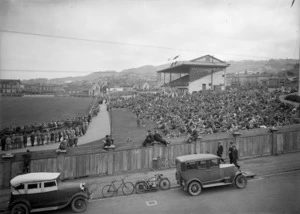 Spectators watching a cricket match at the Basin Reserve, Wellington