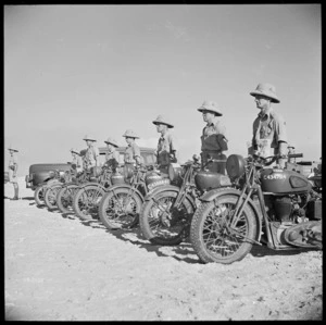 New Zealand despatch riders and motorcycles, Helwan, Egypt, during World War II
