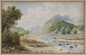 Pownall, Robert, 1839-1889 :[Landscape scene with hills and river. 1870s]