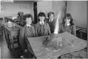 Wellington Girls College pupils with working model of a volcano - Photograph taken by Phil Reid
