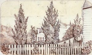 Artist unknown :[Album of an officer. Houses behind a fence and trees. South Taranaki or Wanganui? 1865]