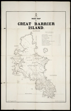 Index map of Great Barrier Island / Gerhard Mueller, Assistant Surveyor General ; F. Weber, litho.