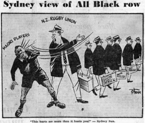 'Steve' fl 1959 :This hurts me more than it hurts you! - Sydney Sun. Maori players. N.Z. Rugby Union. Sydney view of All Black row. 26 June 1959.