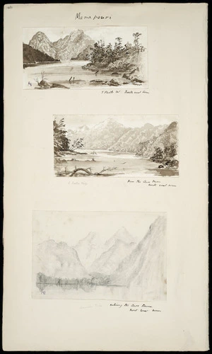 Holmes, Katherine McLean, 1849-1925 :Manapouri. St Paul's Mount, North West Arm, Manapouri; From the Awe Burn, North West Arm, Manapouri; [and] Entering the Awe burn, North West Arm, Manapouri [1881].
