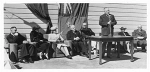 Sir Charles Norwood speaking at the opening of the Port Nicholson Yacht Club, Wellington, with others alongside